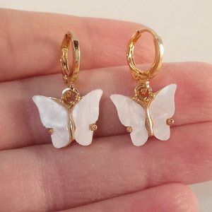 Gold Plated White Opal Resin Butterfly Dangle Earrings 12mm Womens
